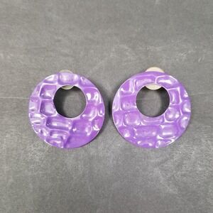 Vintage Purple Enamel Hammered Hoop Post Earrings Retro Geometric Statement 1.5"